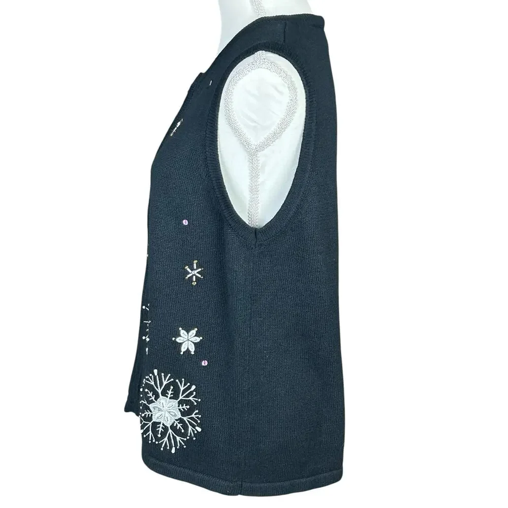 CDP & Co Knit Vest Size  Medium Black Silver Snowflake Embroidered Beaded Top